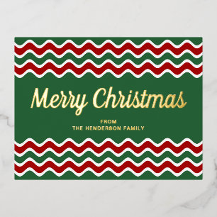 Gold Script Green Stripes Merry Christmas Foil Holiday Postcard