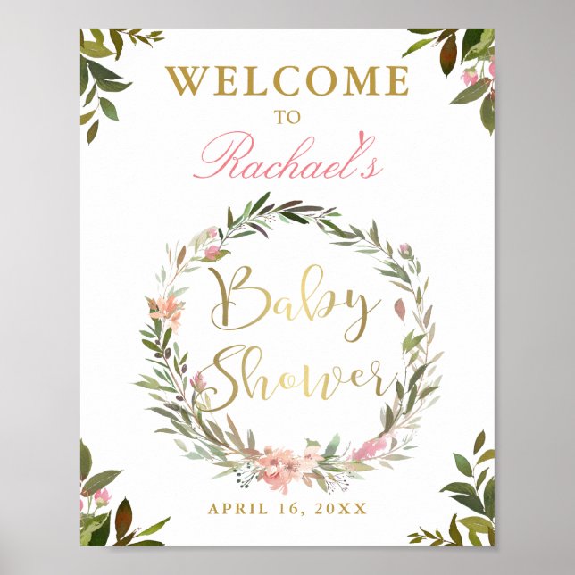 Gold Script Greenery Baby Shower Welcome Sign (Front)