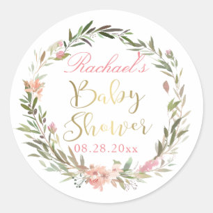 Gold Script Greenery Floral Wreath Baby Shower Classic Round Sticker