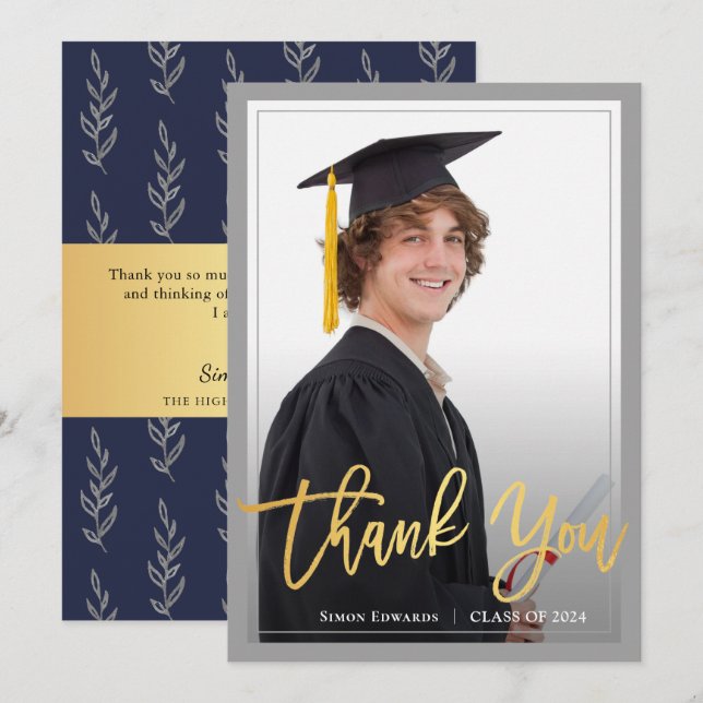 Gold Script Grey & Blue Graduation Photo Thank You Announcement (Front/Back)