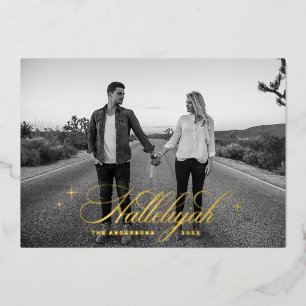 Gold Script Hallelujah Christmas   Religious Photo Foil Holiday Card