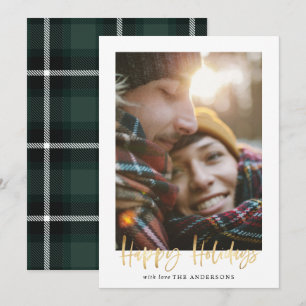 Gold script happy holidays green tartan photo holiday card