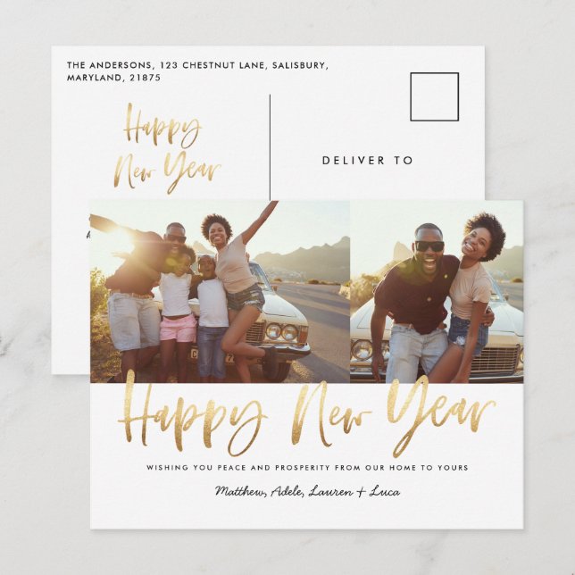 gold script happy new year multi photo new year  holiday postcard (Front/Back)