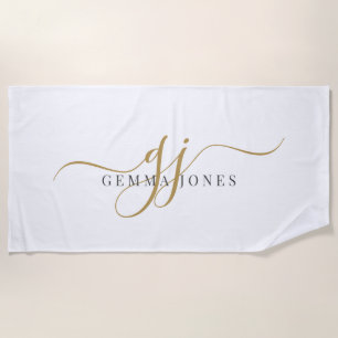 Gold Script Initials Monogram Minimalist White Beach Towel