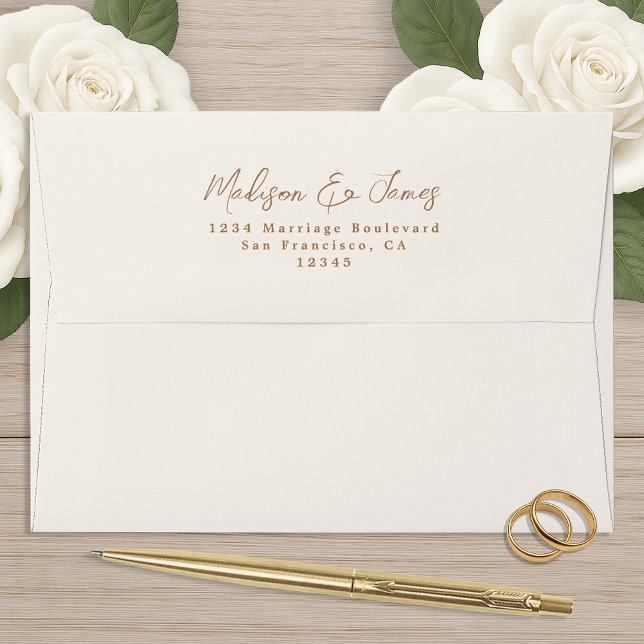 Gold Script Ivory Wedding Return Address Envelope (Creator Uploaded)