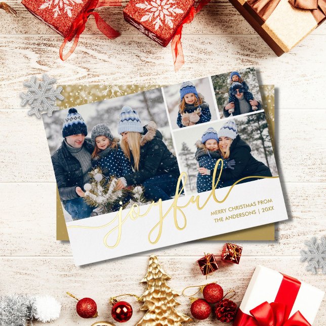 Gold Script Joyful 4 Photo Christmas Gold Foil Holiday Card (Creator Uploaded)