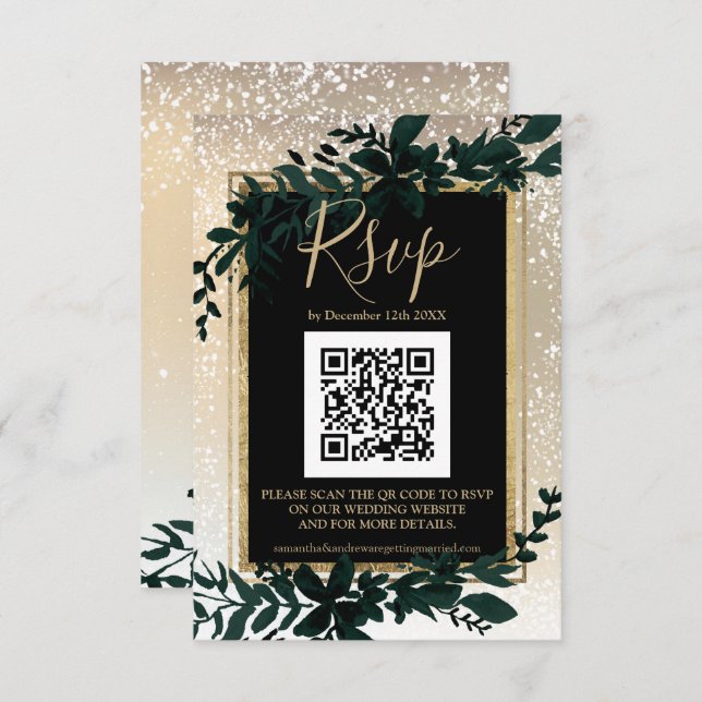 gold script leaf snow elegant winter QR RSVP  (Front/Back)