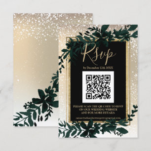 gold script leaf snow elegant winter QR RSVP  Card