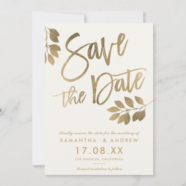 Gold script leaf wedding save the date (Front)