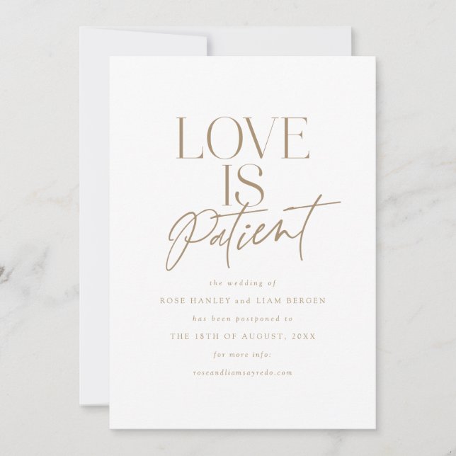 Gold Script Love Wedding Postponed Change the Date Announcement (Front)