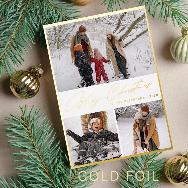 Gold script Merry Christmas 3 photo collage  Foil Holiday Card (Creator Uploaded)