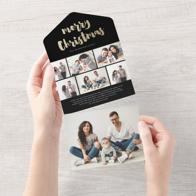 Gold Script Merry Christmas 7 Photo Holiday All In One Invitation (Tearaway)