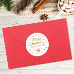 Gold Script Merry Christmas Classic Round Sticker<br><div class="desc">Personalize this cute merry Christmas sticker for your holiday packages and gifts it is decorated with polka dots and a cute present. Designed for you by Blackberry Boulevard.</div>