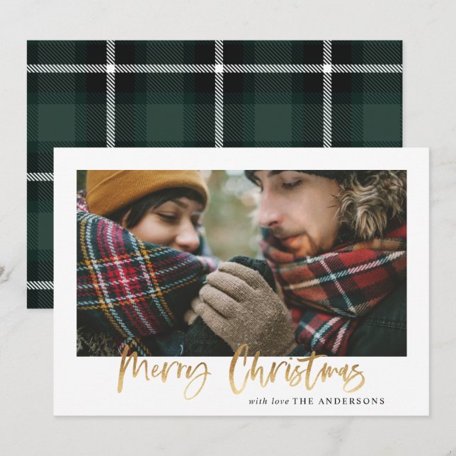 Gold script merry christmas green tartan photo holiday card (Front/Back)