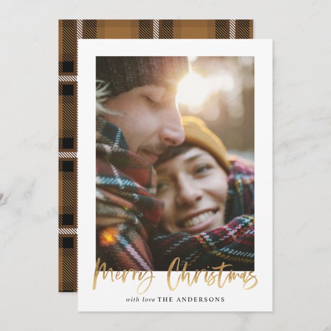 Gold script merry christmas mustard tartan photo holiday card (Front/Back)