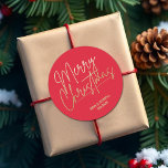 Gold Script Merry Christmas on Red Classic Round Sticker<br><div class="desc">Merry Christmas in a faux gold foil script and your names in chic lettering,  these red stickers are stylish for any Christmas holiday occasion. MORE COLORS and matching products in our collection.</div>