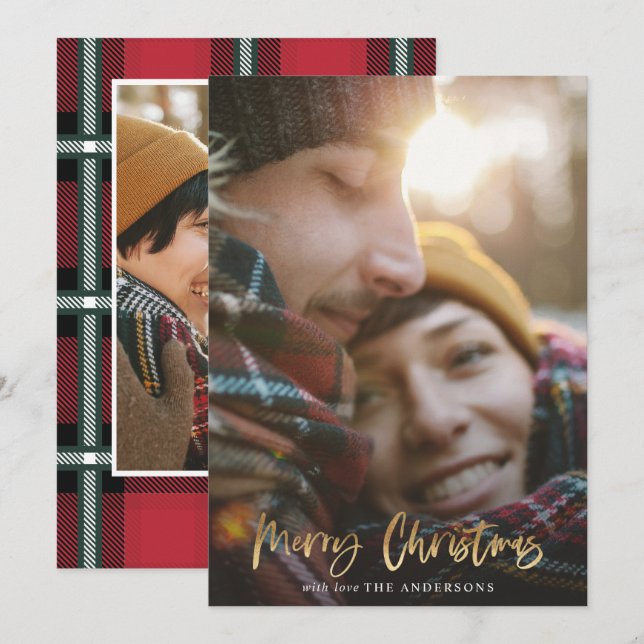 Gold script merry christmas red tartan 2 photo holiday card (Front/Back)