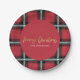 Gold script merry christmas red tartan paper plate