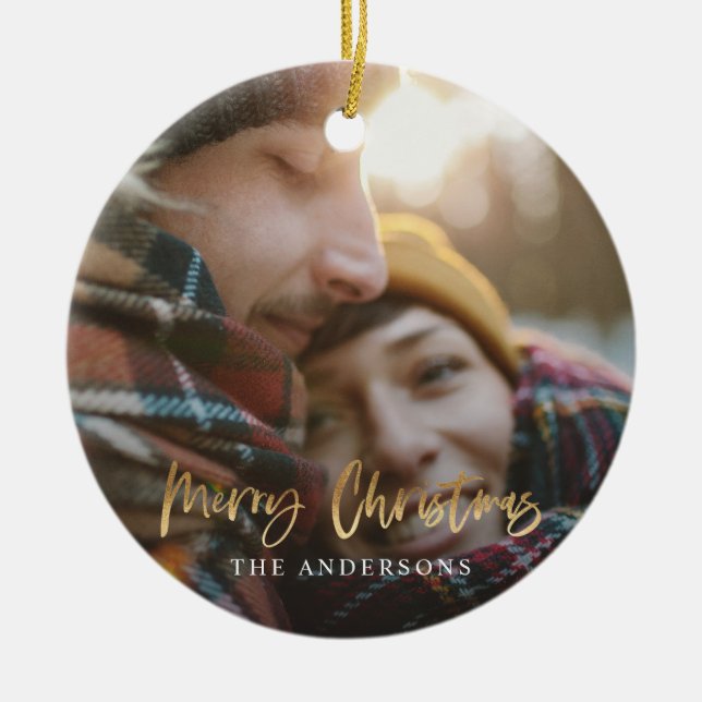 Gold script merry christmas red tartan photo ceramic ornament (Front)