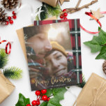 Gold script merry christmas red tartan photo holiday card<br><div class="desc">Gold effect stylish script merry christmas with coordinating red and green check tartan backer design. Space for a single photo design. A modern take on a traditional christmas.</div>