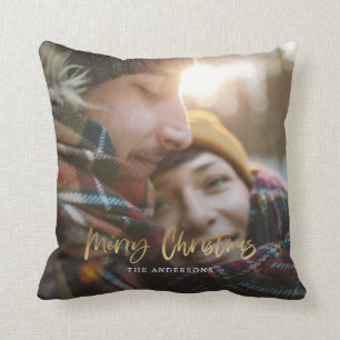Gold script merry christmas red tartan photo throw pillow
