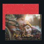 Gold script merry Christmas stars 1 photo elegant Holiday Card<br><div class="desc">Gold merry Christmas stars photo holiday card. With a script text and gold effect design,  back ground colour can be change to suit your style.</div>