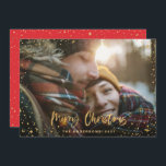 Gold script merry Christmas stars 1 photo elegant Holiday Card<br><div class="desc">Gold merry Christmas stars photo holiday card. With a script text and gold effect design,  back ground colour can be change to suit your style.</div>