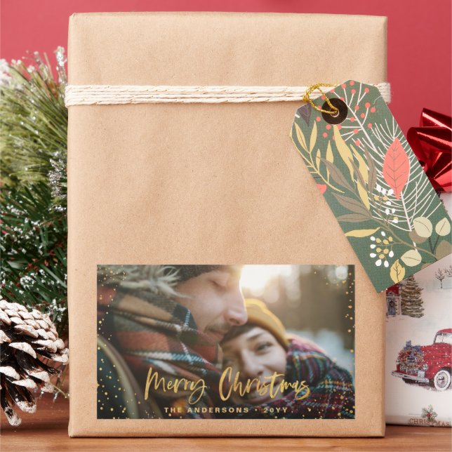 Gold script merry Christmas stars photo elegant Sticker (Holiday)