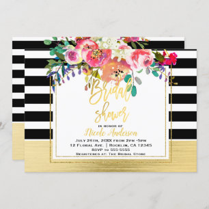 Gold Script Modern Floral Glam Bridal Shower Invitation