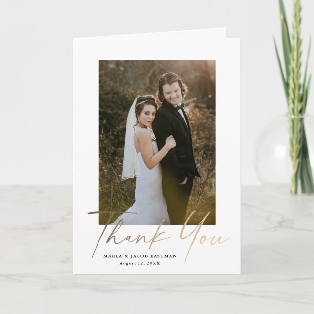 Gold Script Modern Minimal Photo Wedding Thank You Card (Front)