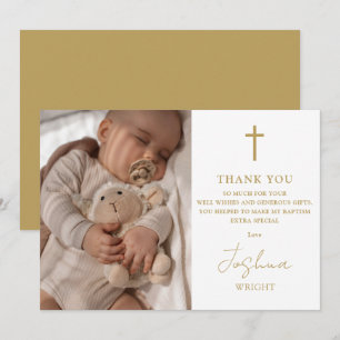 Gold Script Modern Photo Baptism Christening Thank You Card