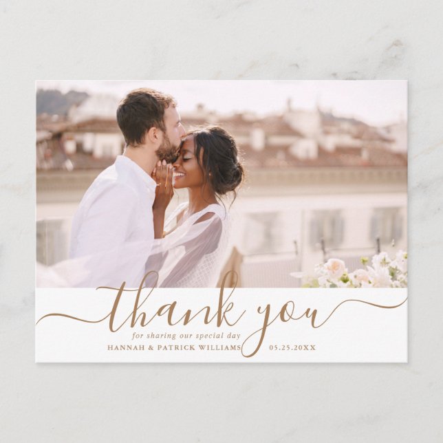 Gold Script Modern Wedding Thank You Photo Postcard (Front)