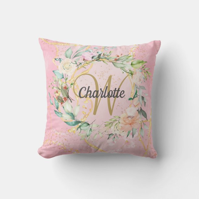 Gold Script Monogram Floral Pink Geode Agate Throw Pillow (Front)