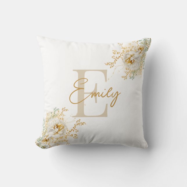 Gold Script Monogram Name Modern Elegant Throw Pillow (Front)