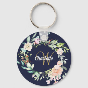 Gold Script Monogram Navy Blue Floral Roses Keychain