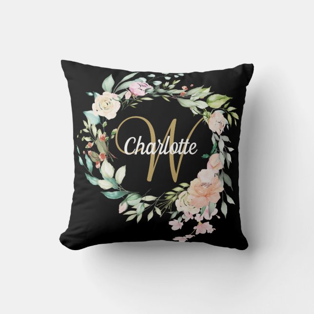 Gold Script Monogram Roses Floral Black Throw Pillow (Front)