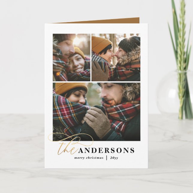 Gold script mustard plaid backer 1 photo Christmas Holiday Card (Front)