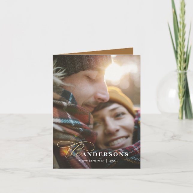 Gold script mustard plaid backer 1 photo Christmas Holiday Card (Front)