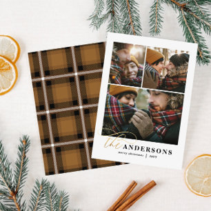 Gold script mustard plaid backer multi photo card