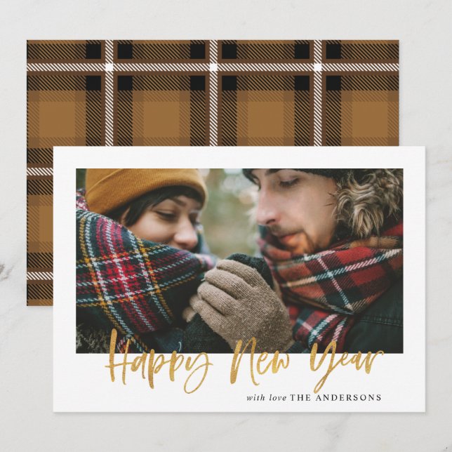 Gold script mustard tartan modern stylish new year holiday card (Front/Back)