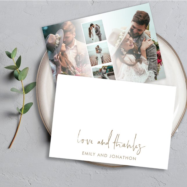 Gold Script Name 5 Photos Wedding Love Thanks Card (Creator Uploaded)