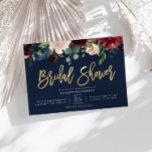Gold script navy blue floral bridal shower invitation<br><div class="desc">Celebrate the bride -to-be with beautiful navy blue and burgundy flowers. You can change the wording,  text  and other features.</div>