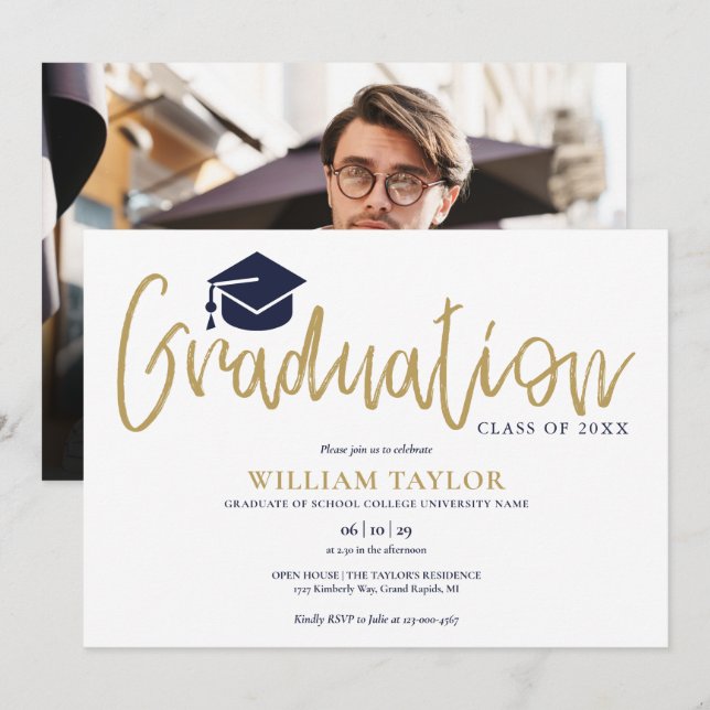 Gold Script Navy Blue Photo Graduation Party Invitation (Front/Back)