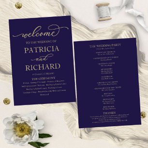 Gold Script Navy Blue Wedding Ceremony Program