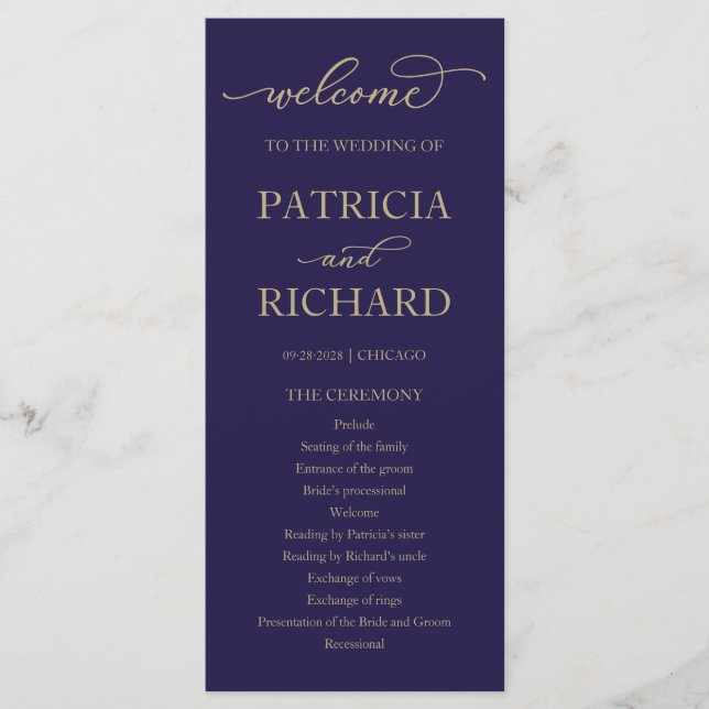 Gold Script Navy Blue Wedding Ceremony Program (Front)
