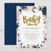 Gold script navy blush floral couples baby shower