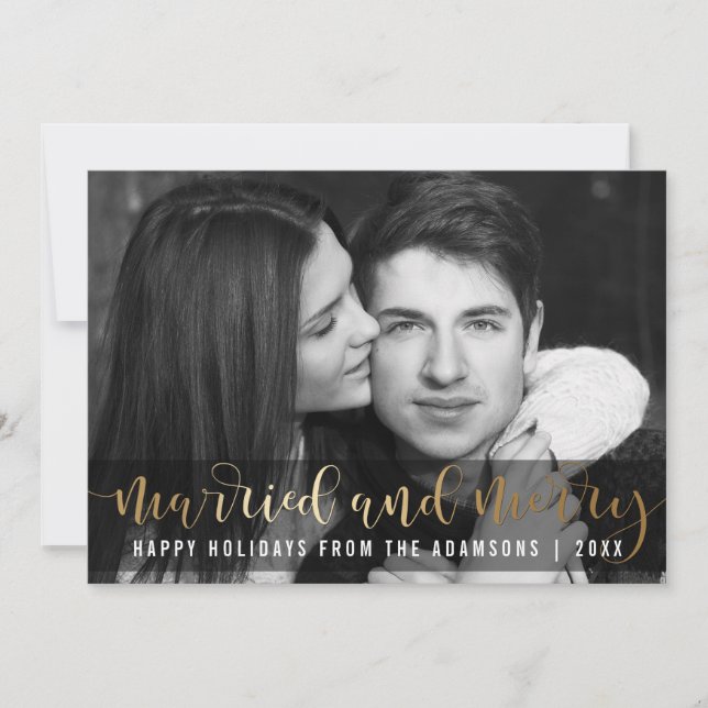Gold Script Newlywed Holiday Black & White Photo (Front)