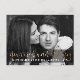 Gold Script Newlywed Holiday Black & White Photo Postcard