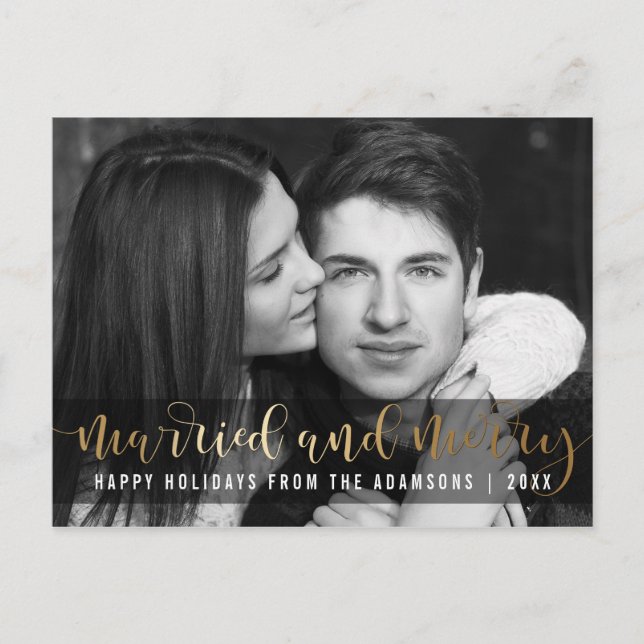 Gold Script Newlywed Holiday Black & White Photo Postcard (Front)