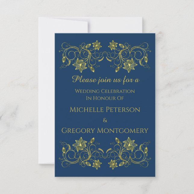 Gold Script on Atlantic Blue & Filigree Wedding Invitation (Front)